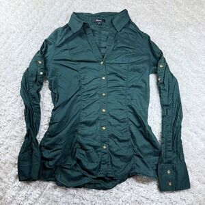 Express Blouse Women's Medium Ruched Button Green Vintage Y2K Party Office Work